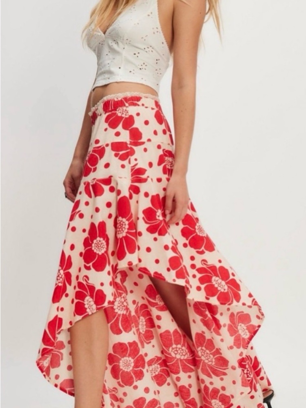 NWT Free People Poppy asymmetrical Red Floral High-Low Maxi Skirt $148